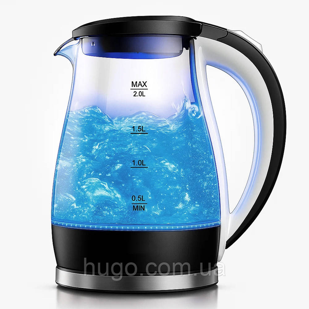Електрочайник з підсвіткою, 2L, 2000W, Hoffmans HM-2537, Чорний / Електричний чайник прозорий / Скляний електрочайник, фото 1