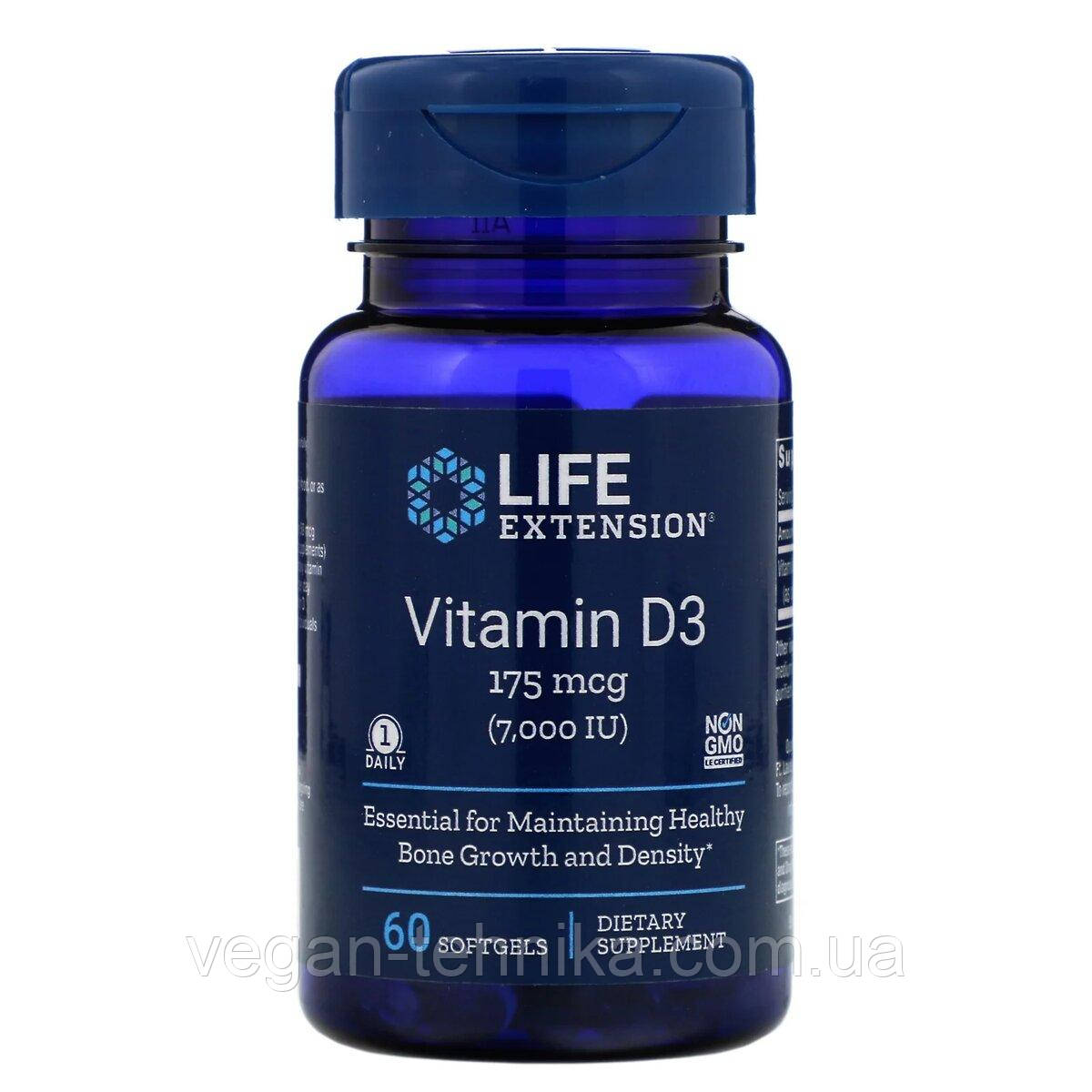 Вітамін D3, Life Extension, Vitamin D3, 175 мкг (7000 МО), 60 гелевих капсул, фото 1