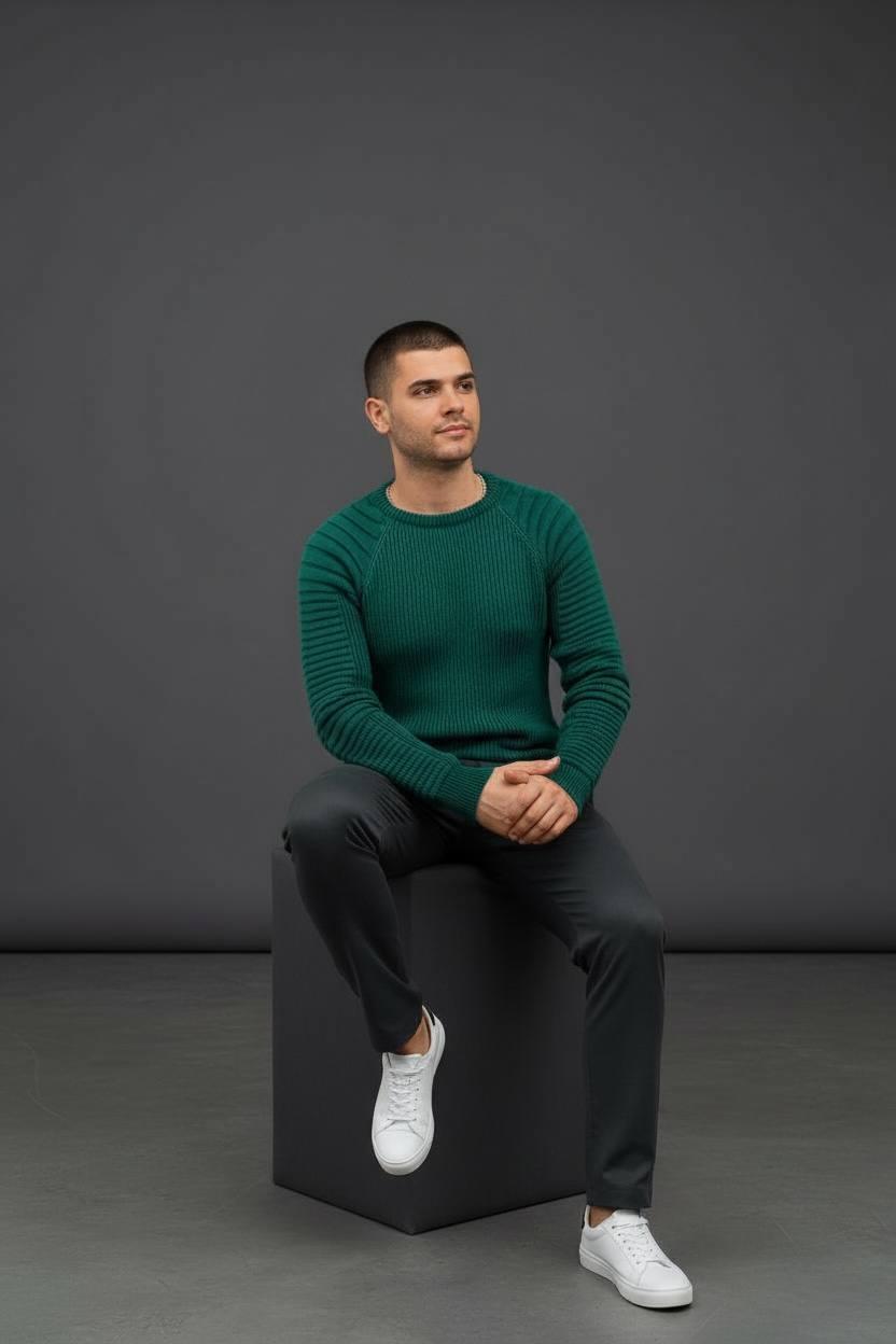 Светр чоловічий зелений зимовий теплий в'язання Twiety Nefty, фото 1