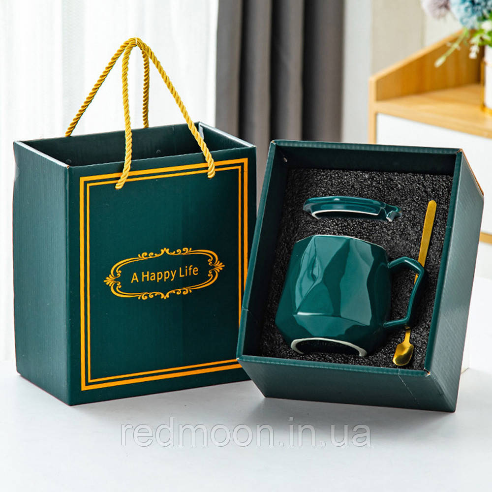 Керамічна чашка з ложкою 400мл, в подарунковій упаковці, Зелений / Подарункова чашка з кришкою / Чашка на подарунок, фото 1