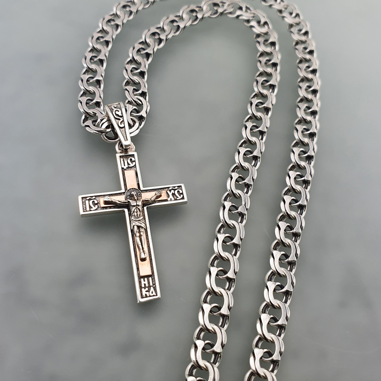 Чоловіча срібна цепочка з хрестиком із золотом. Кулон класичний і ланцюжок 925 проба 55 см, фото 1