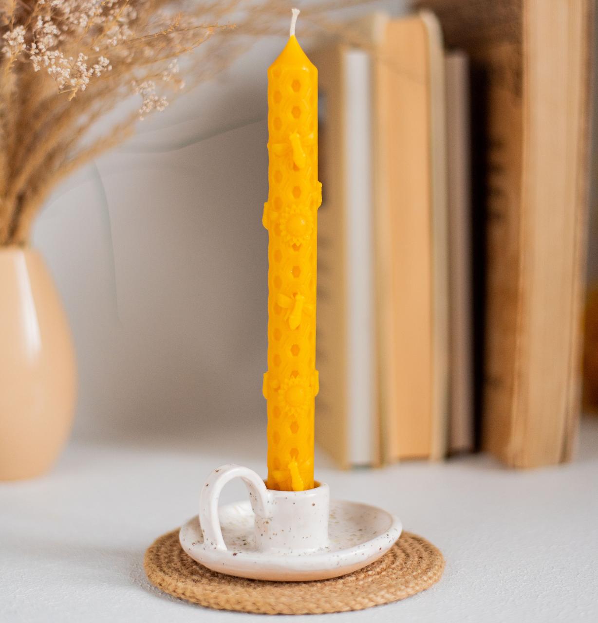 Висока воскова свічка з бджілками і соняхами, фото 1
