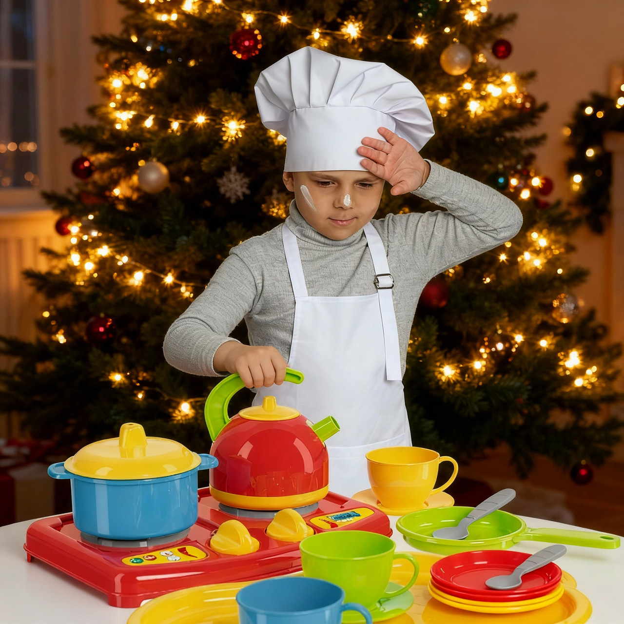 Ігровий набір "Маленький кухар" з кухарським ковпаком, фартухом та комплектом іграшкового посуду для рольових ігор, фото 1