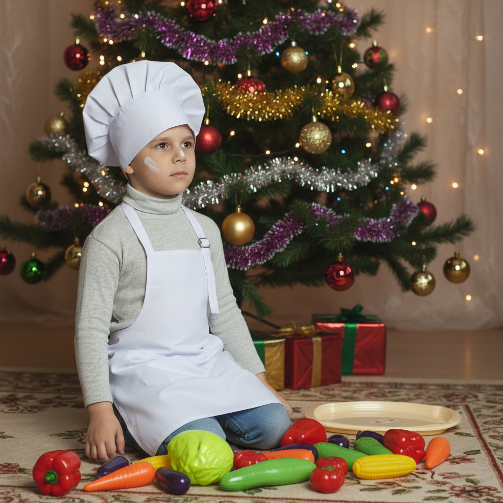 Дитячий ігровий комплект "Маленький кухар" з кухарським ковпаком, фартухом та набором овочів для дитячих ігор, фото 1