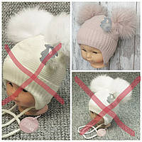 46-48 9-18 міс зимова тепла в'язана шапка для дівчинки на флісі зима з помпоном із натурального хутра 7087