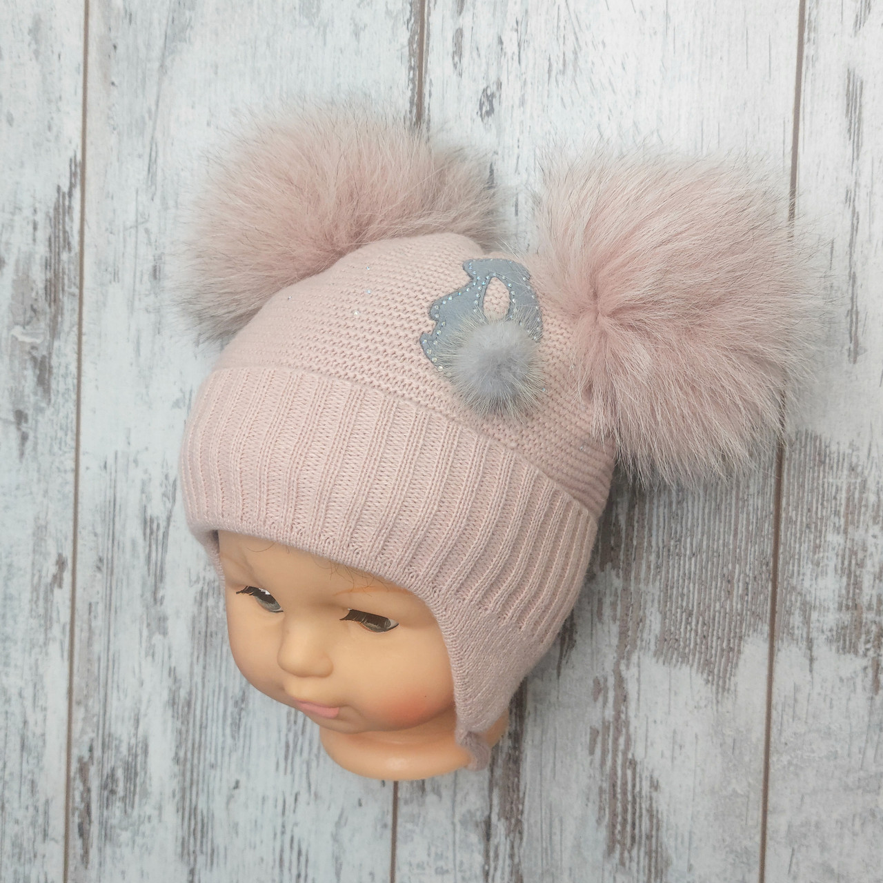 46-48 9-18 міс зимова тепла в'язана шапка для дівчинки на флісі з двома помпонами з натурального хутра 7087 Пудровий, фото 1