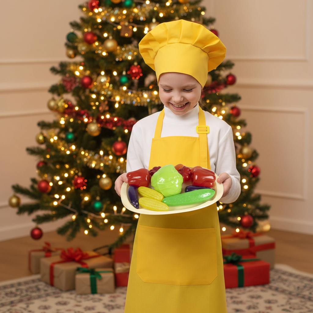 Комплект для дитячої гри в кухарі "Юний кухар" з жовтим кухарським ковпаком, фартухом та іграшковими овочами, фото 1