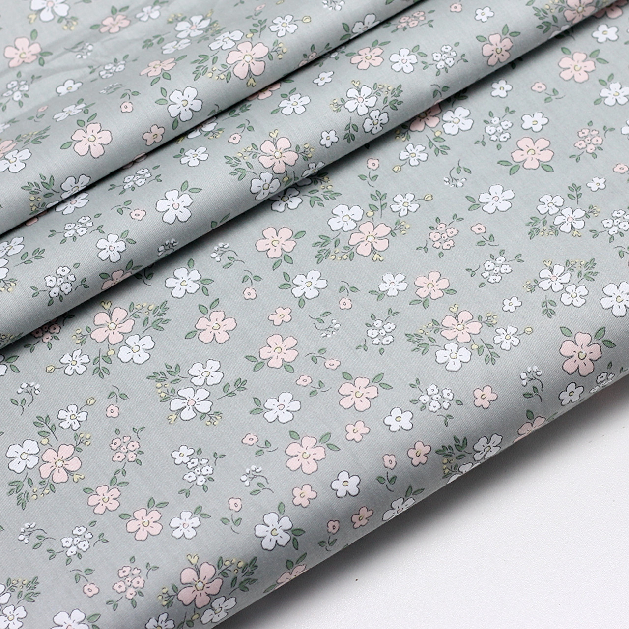 Сатин "Дрібні квіточки білі та пудрові" на сірому тлі No SK-160-087, фото 1