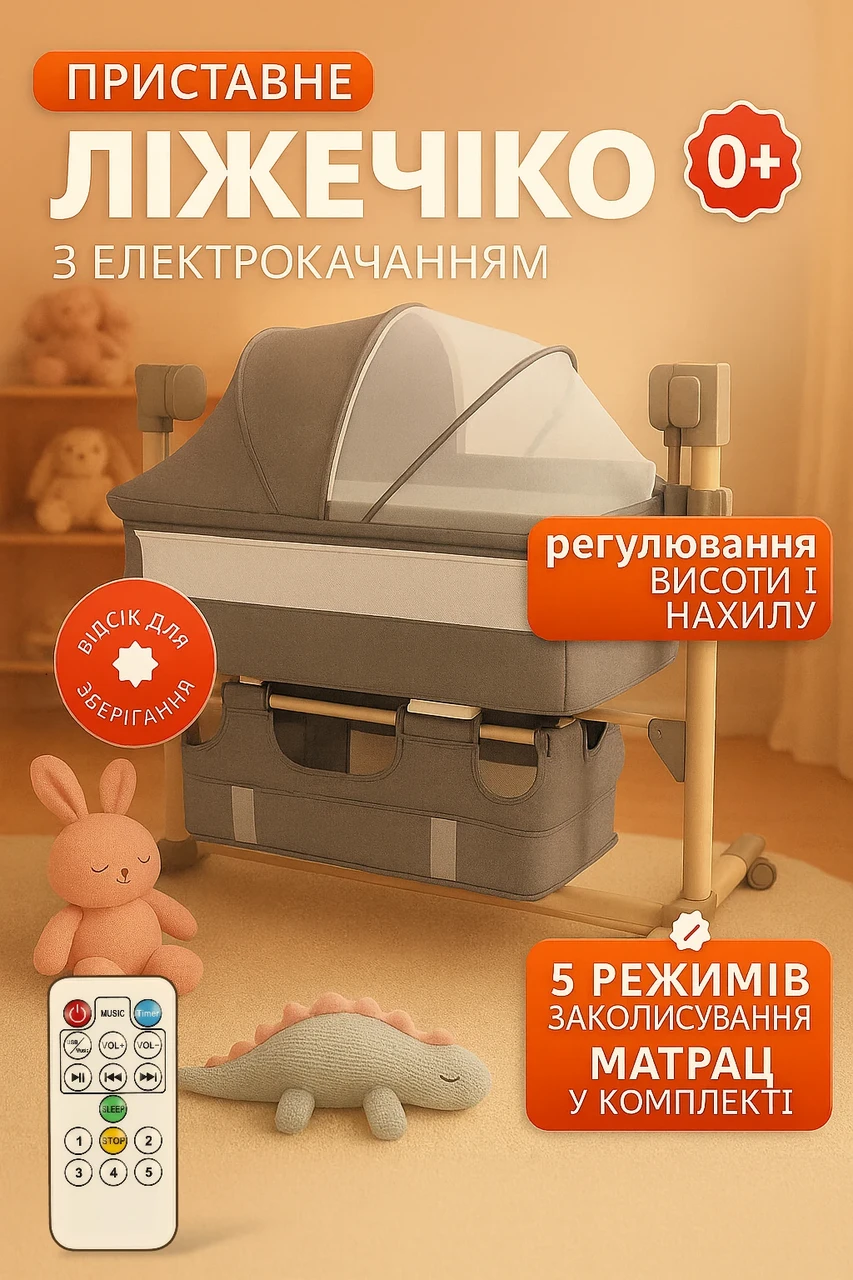 Ліжечко Електричне для новонароджених, колиска приставна Folem Bebio з матрацом, з пультом, автоматична, живлення, фото 1