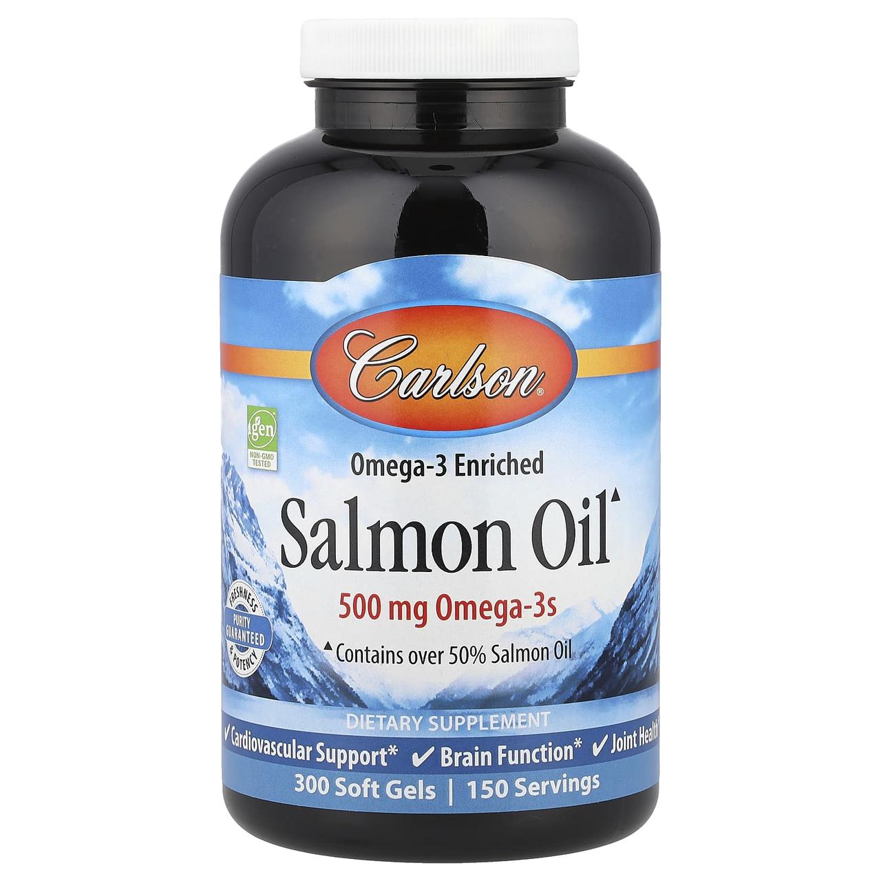 Масло лосося, Salmon Oil, Carlson, норвезьке, 500 мг, 300 капсул, фото 1