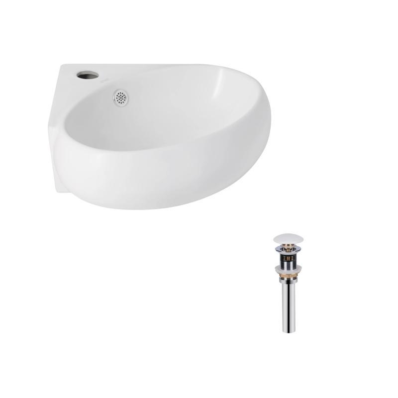 Комплект Qtap Leo N: Раковина підвісна кутова овальна 380x360x130 мм WHITE + Донний клапан PU02O, фото 1