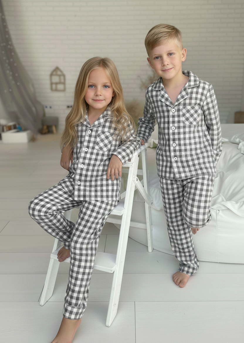 Піжама дитяча тепла з фланелі "Cosy Harmony", сіро-біла клітинка, фото 1