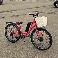 Велосипед з Е-комплектом 26" Cross Betty Рожево-сірий 36В 350Вт 10 Ah/ Мотор MXSUS/ з кошиком та багажником