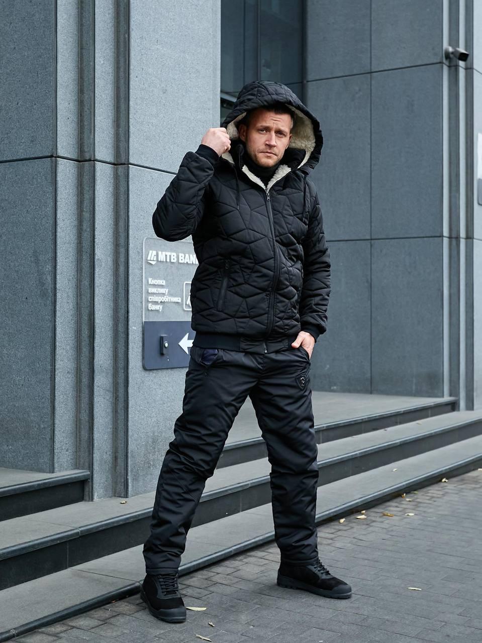 Чоловічий зимовий теплий прогулянковий костюм дутий: стьобані куртка на овчині і штани на синтепоні, фото 1