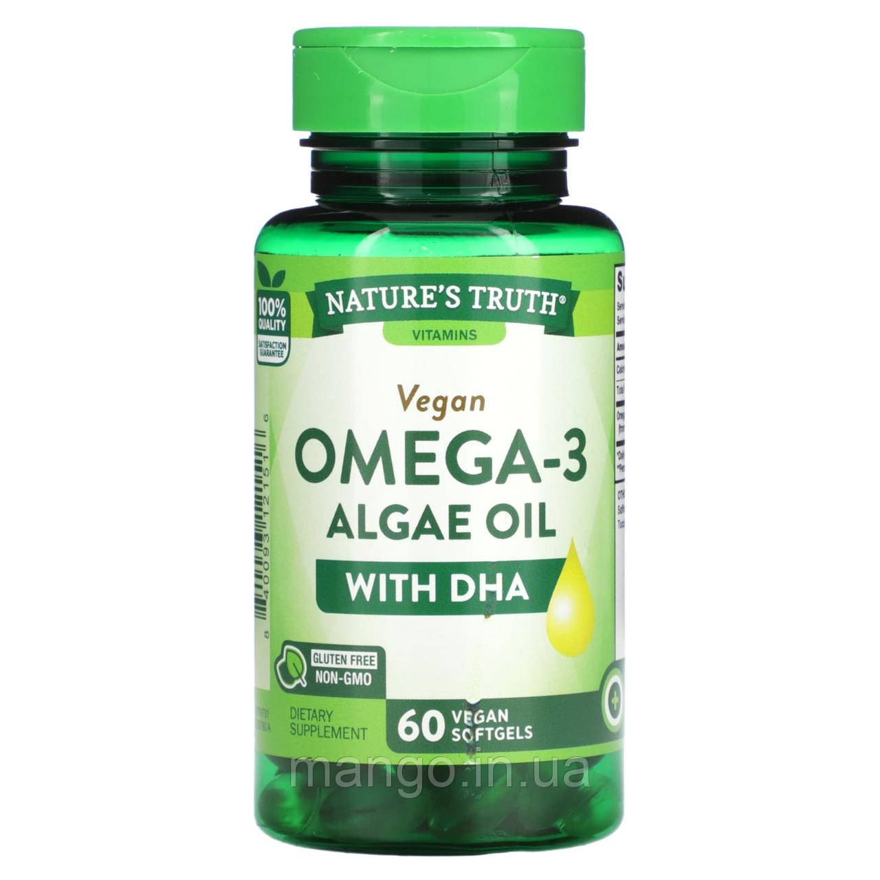 Омега-3 з олії з водоростей з ДГК, Vegan Omega-3 Algae Oil, Nature's Truth, веган, 60 веганських гелевих капсул, фото 1