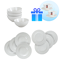 Набір керамічних супових, десертних тарілок та салатників колекції Brilliant Krauff + ПОДАРУНКИ: 2 чашки з блюдцем 220 мл