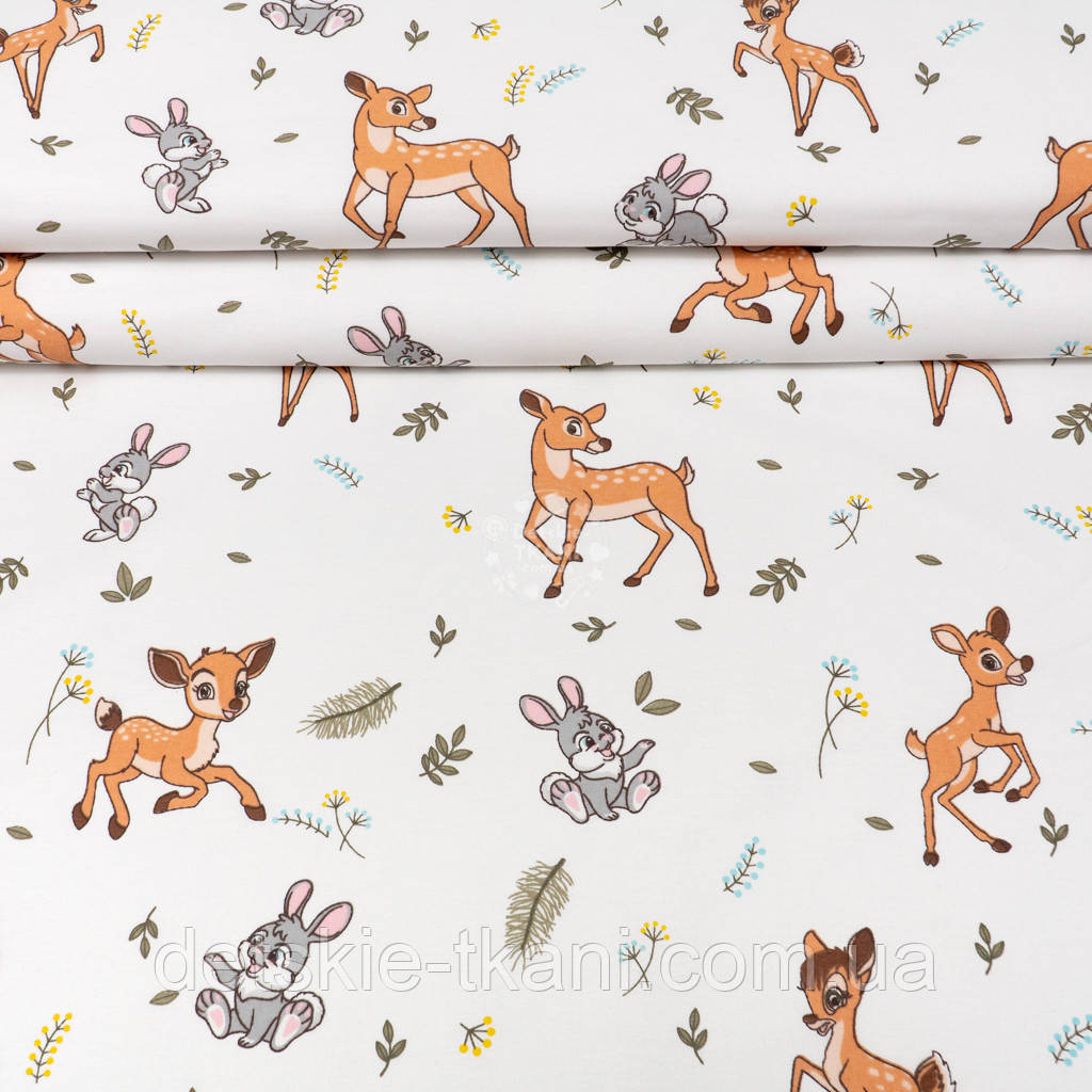 Ранфорс шириною 240 см "Бембі і зайчики" на білому тлі, №5814, фото 1