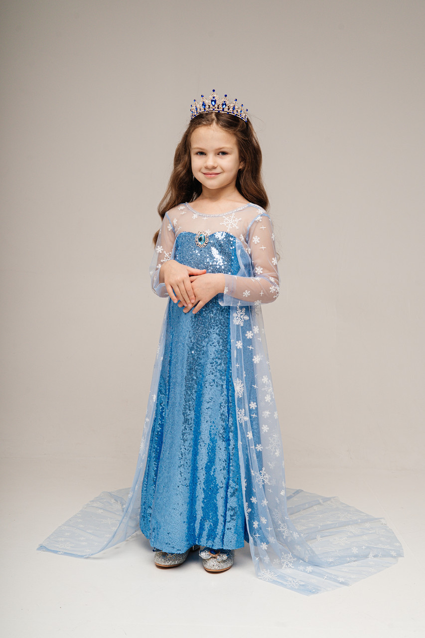 Карнавальна блакитна сукня Ельзи зі шлейфом та паєтками, фото 1