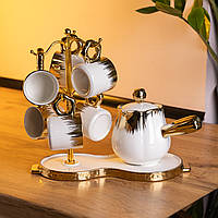 Кавовий сервіз на підставці з туркою 450 (мл) 6 чашок по 90 (мл) подарунковий набір чашок на підставці Білий із золотом FM-JJ-3