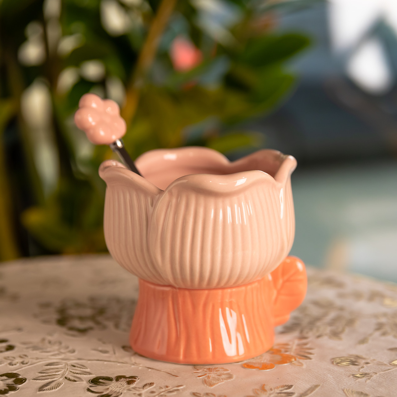 Креманка порцелянова з ложкою у формі квітки 300 (мл) креманка для десертів, морозива та желе Рожевий FM-42P, фото 1