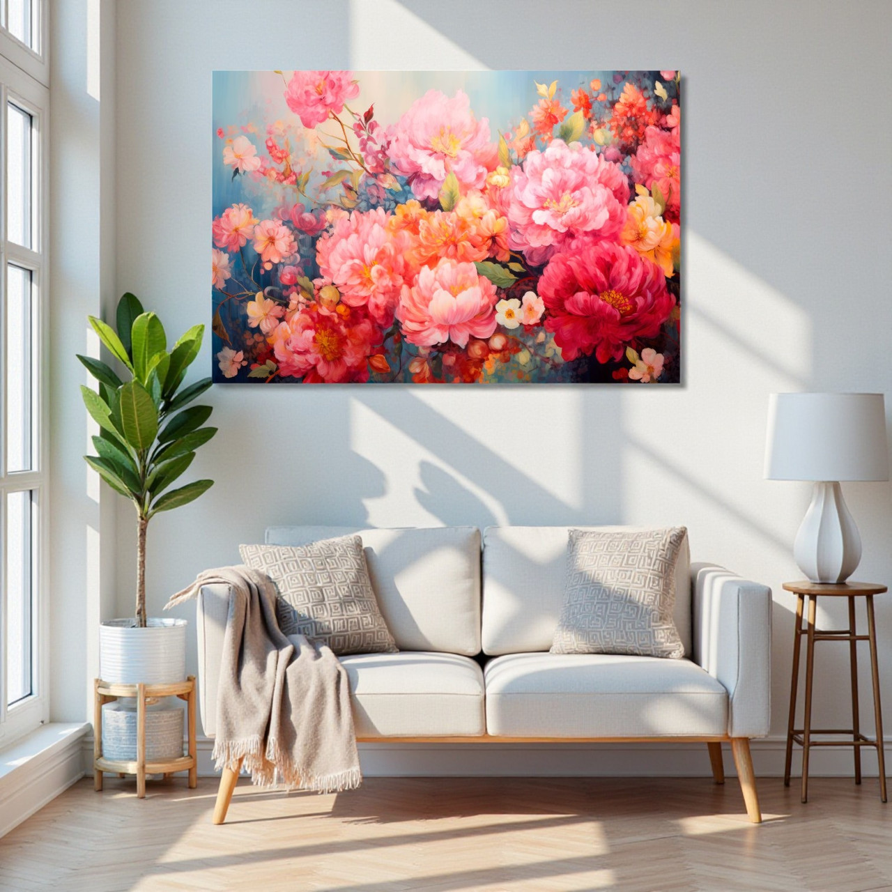 Картина "Півонії та весняні квіти" Яскравий настінний декор для дому Друк на полотні 60х40 см, фото 1