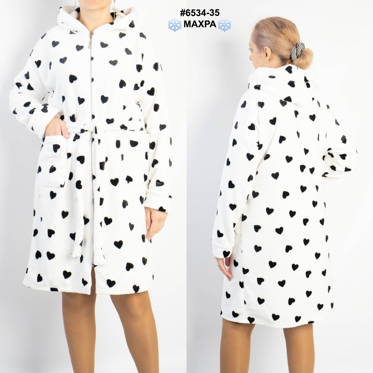 6534-35 Халат жіночий на блискавці з поясом махра напівбалта (3 од: 44-46,48-50,52-54), фото 1