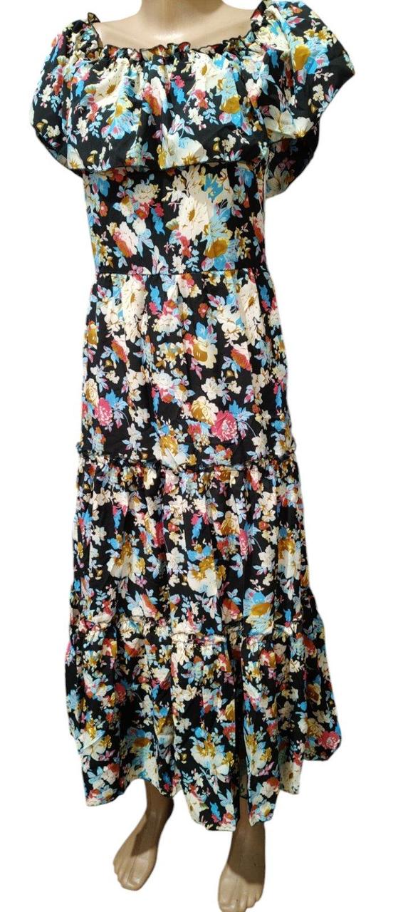 Скня міді з воланом на плечах, арт. 101, рози на чорному