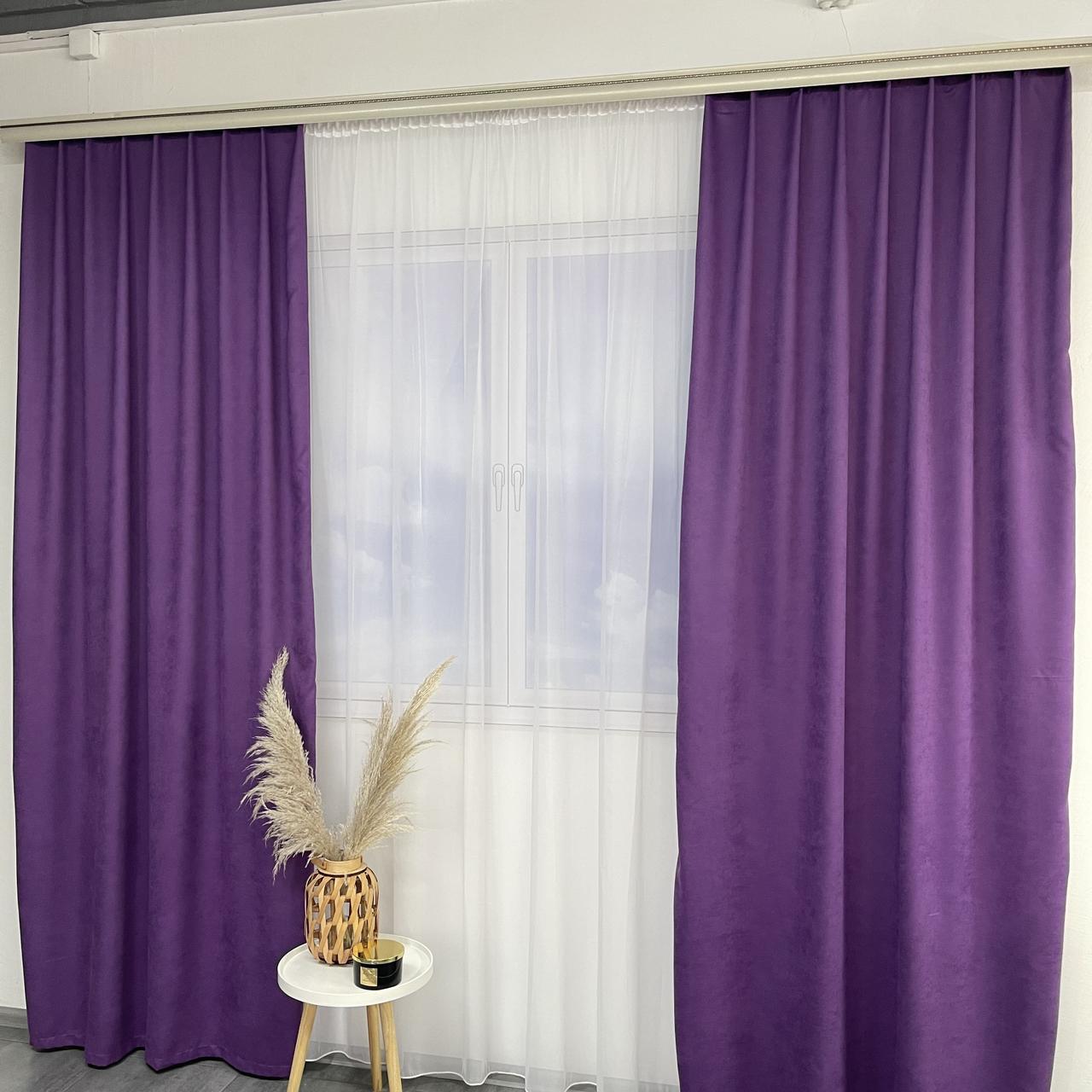 Стильні сучасні однотонні Фіолетові штори мікровелюр з штфоновим тюлем ALBO на кухню, в спальню, вітальню, фото 1