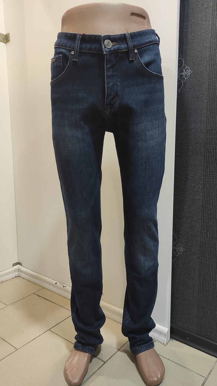 Джинси чоловічі фліс зимові завужені стрейч сині, фото 1