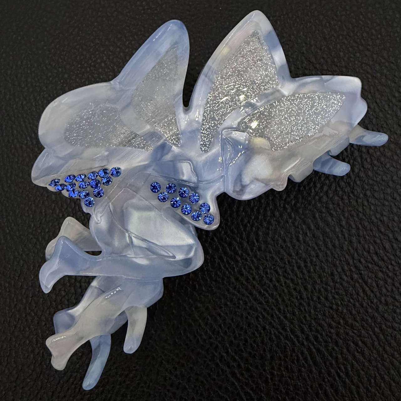Краб для волоc акрил глянцевый в форме феи с крыльями голубого цвета с блёсточками и стразами размер 11х5 см