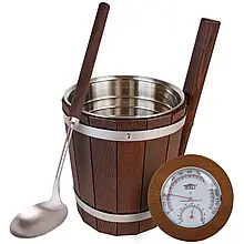Набір для лазні та сауни №6 шайка з нержавіючою вставкою, черпак і термогігрометр