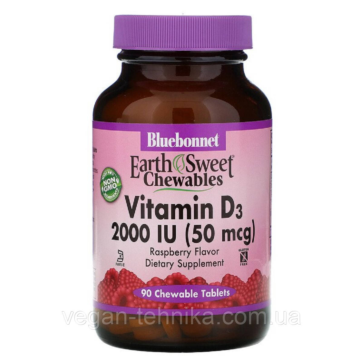 Вiтамiн D3 2000IU, Смак Малини, Earth Sweet Chewables, Bluebonnet Nutrition, 90 жувальних таблеток, фото 1