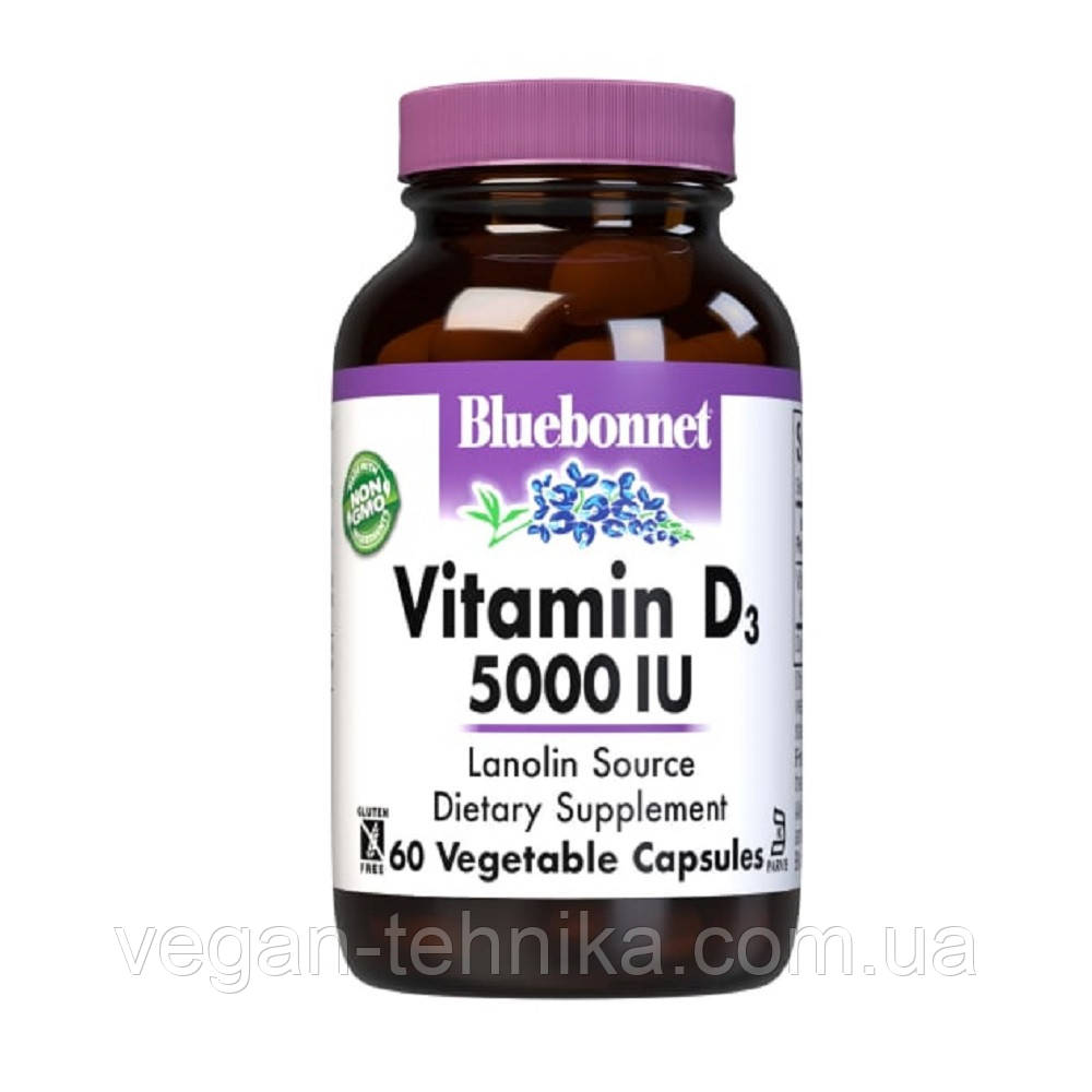 Вiтамiн D3 5000IU, Bluebonnet Nutrition, 60 вегетаріанських капсул, фото 1