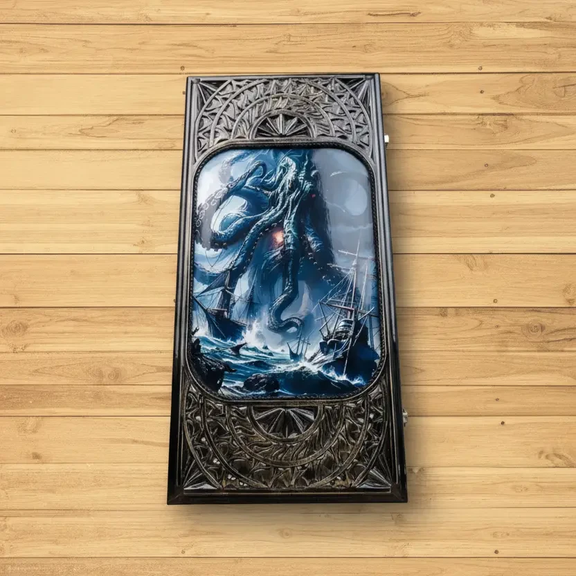 Дерев’яні нарди “Восьминіг Шторм”, ручна робота, під склом з фігурками, дизайнерський набір Carloteka, фото 1