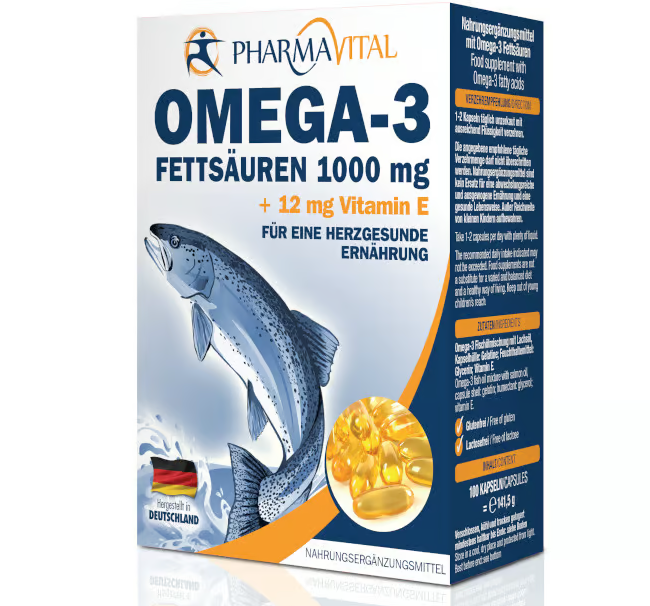 Капсули ОМЕГА-3 жирні кислоти 1000 мг + 12 мг вітаміну Е 100 капсул Німеччина Виробник: Pharmavital GmbH, фото 1