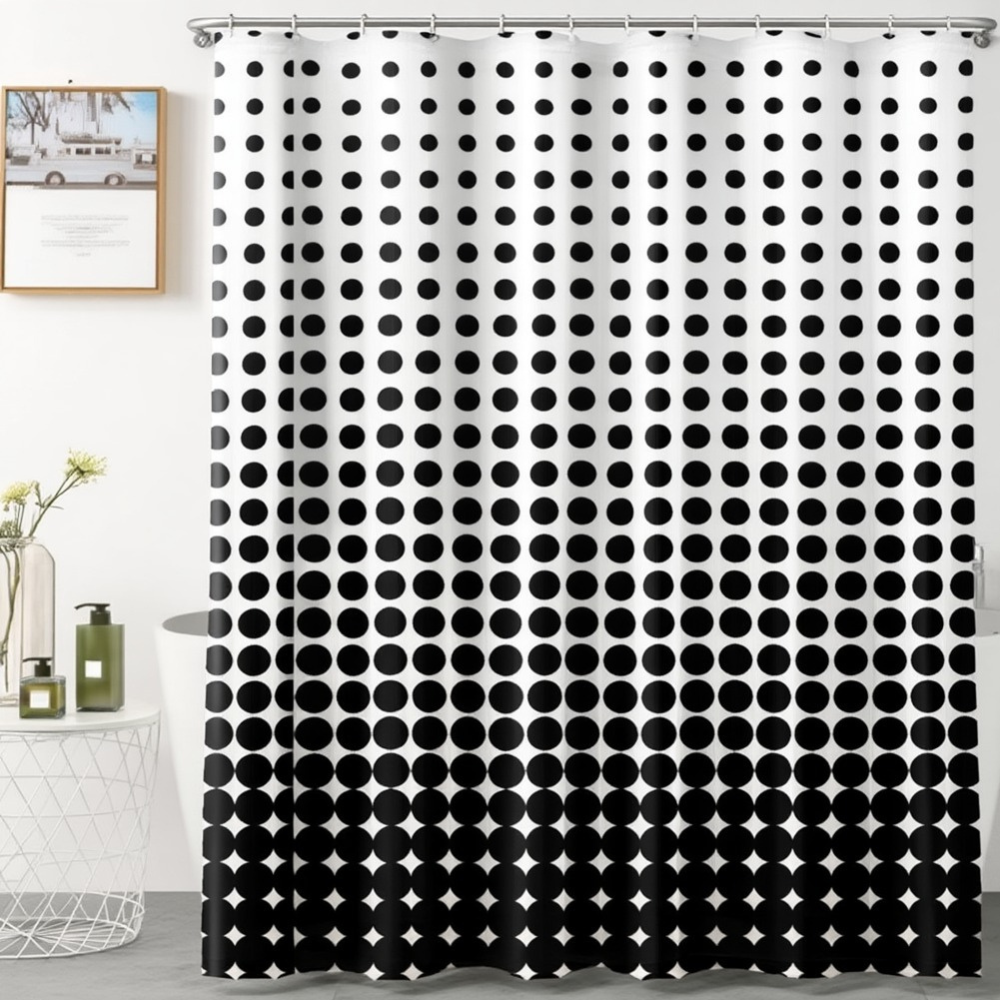 Шторка для ванної та душу 180x180 см водостійка, шторка для ванної кімнати з кільцями і гачками, біла з чорним принтом, фото 1