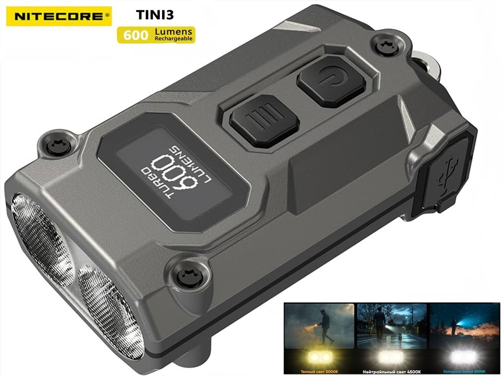 Міні ліхтар на ключі Nitecore TINI3 MCT з OLED і Type-C (600LM, 330mAh, USB-C, IP54, ATR, 85 годин, 90 метрів), Gray, фото 1