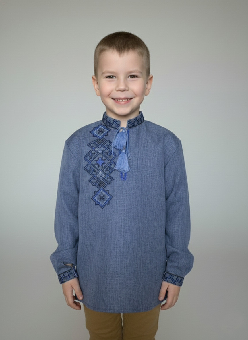 Дитяча вишиванка на джинсі із геометричним орнаментом ФЛАМІНГО