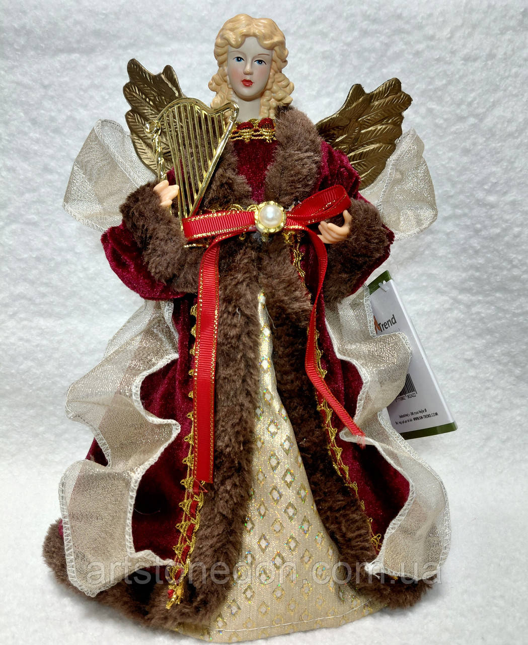 Верхівка на ялинку Різдвяний ангел із арфою, 30 см — святкова декоративна фігурка, фото 1