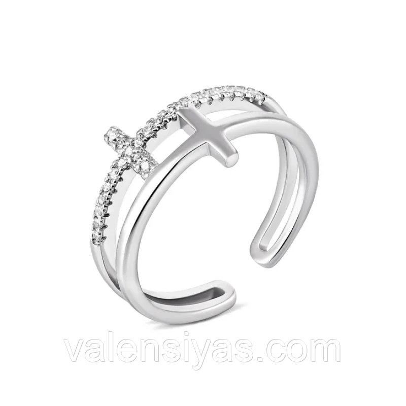 Срібна каблучка ярусна з фіанітами Геометрія, Розмір 16,0, Вага: 2.0 г