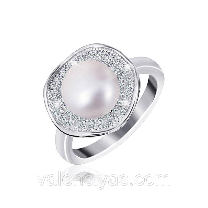 Срібна каблучка з перлами і фіанітами, Розмір 16,0, Вага: 4.6 г