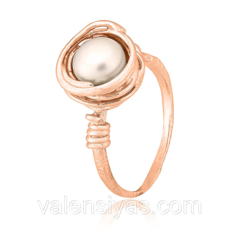 Срібна каблучка в позолоті з перлиною, Розмір 16,0, Вага: 3.4 г