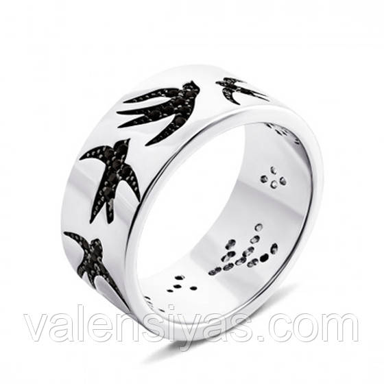 Срібна каблучка покрита родієм з фіанітом/оніксом