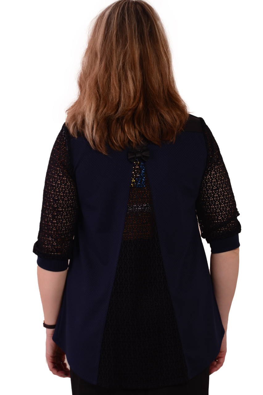 Блуза темно синяя с кружевом женская лонгслив свитшот , Бл 013-3 . - фото 4 - id-p491075798
