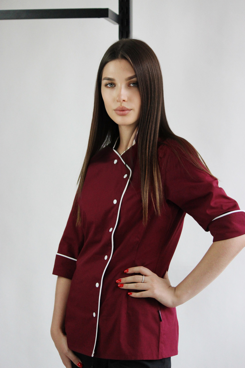 Китель кухаря жіночий Lux Form «Гранд» бордовий, на кнопках, рукав 3/4, фото 1