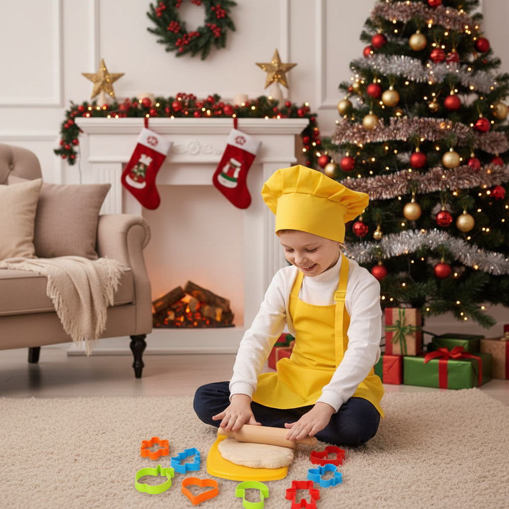 Набір для дитини Маленький кондитер з жовтим кухарським ковпаком, фартухом і іграшковим комплектом форм для печива, фото 1