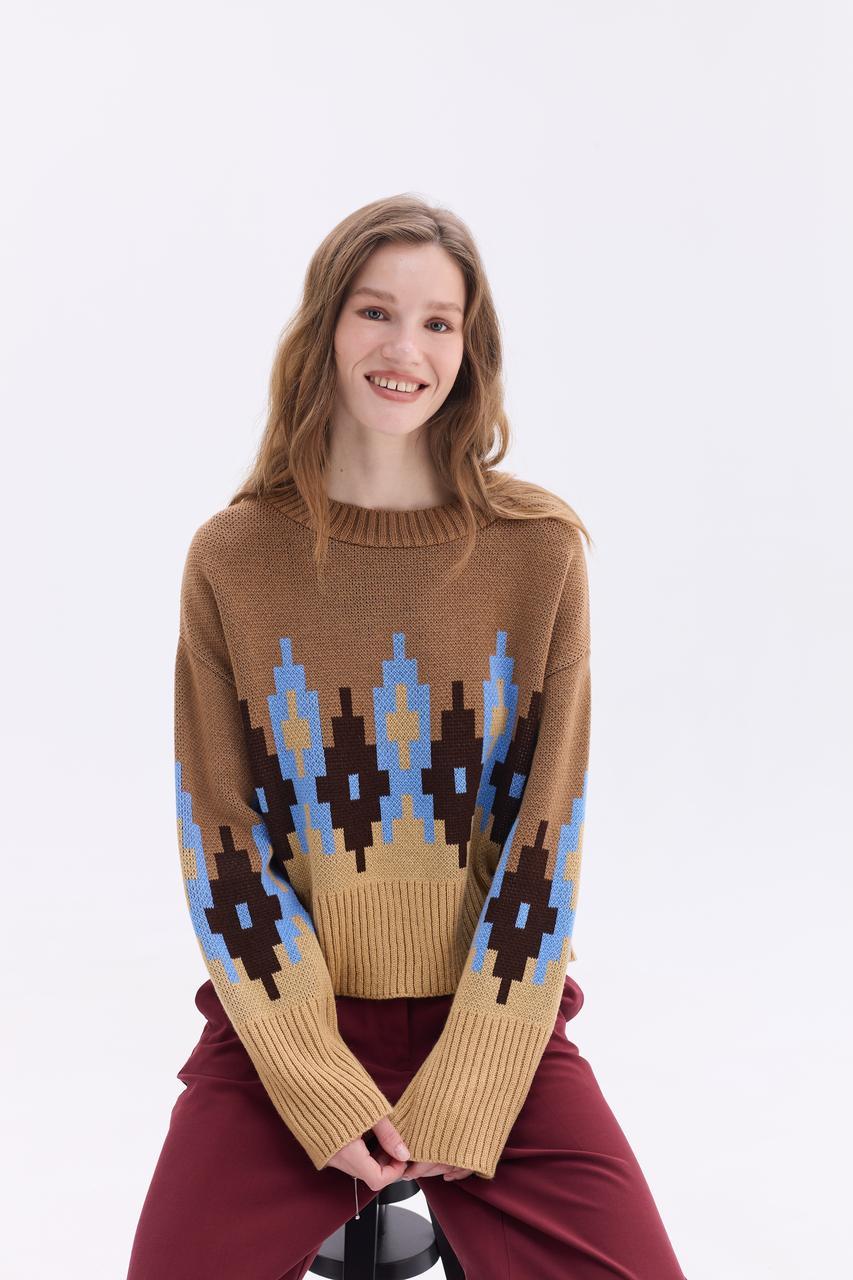 Джемпер oversize "Аліса", напіввовняний светр з орнаментом (карамель, беж, шоколад, блакитний), фото 1