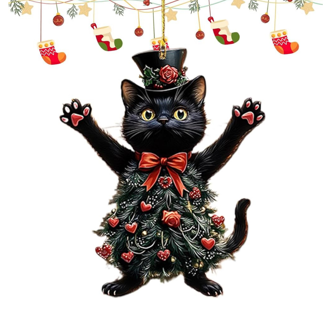 Мила плоска акрилова ялинкова прикраса «Різдвяний ЯлинкоКіт» — витончена прикраса окраса вашої ялинки, дому, офісу, 2D (плоска)