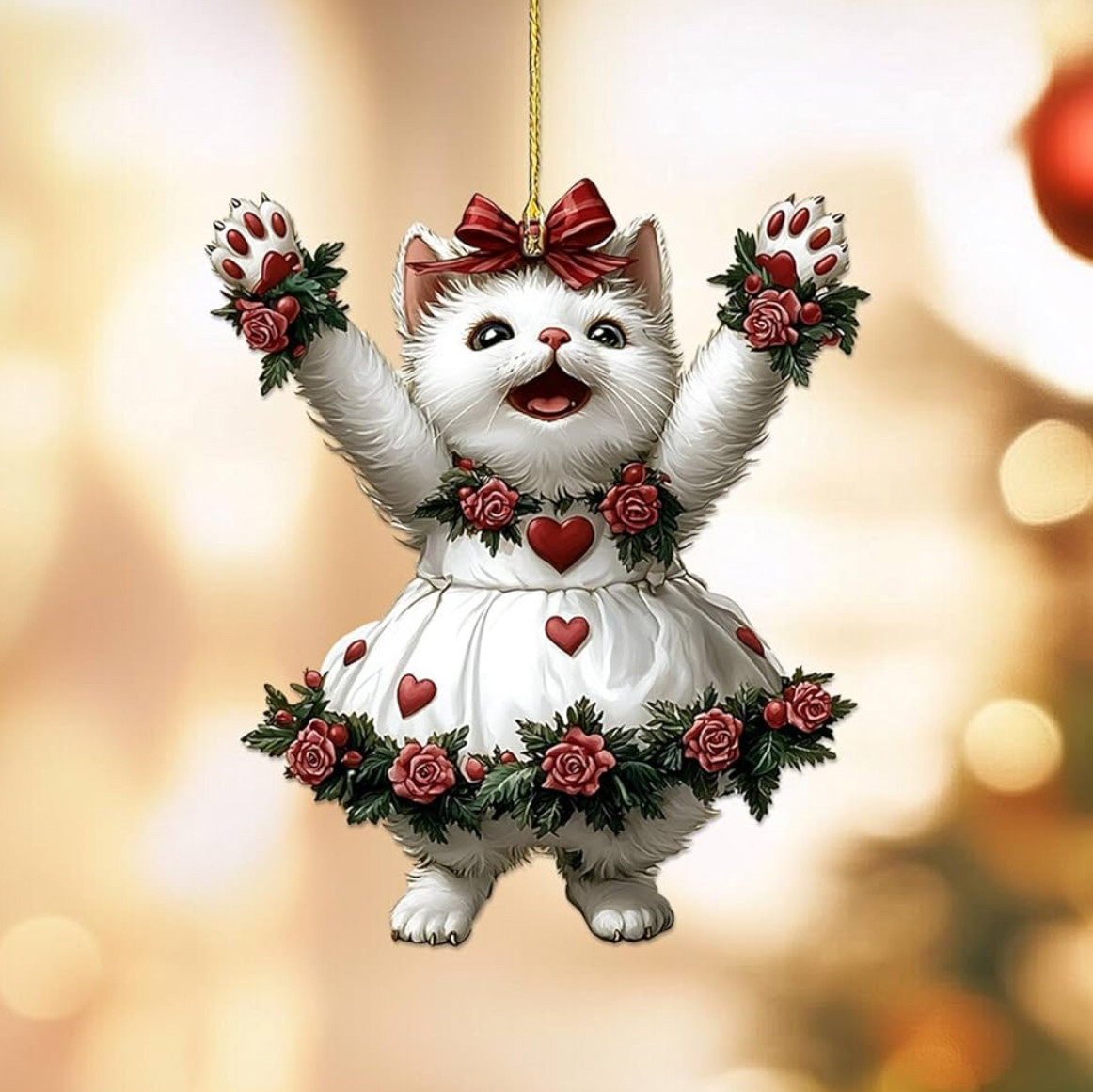 Мила акрилова ялинкова прикраса «Котик Святкових Сердець» — витончена прикраса окраса вашої ялинки, дому, офісу, 2D (плоска)