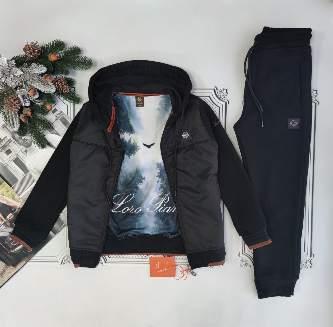 Підлітковий чорний теплий спортивний костюм на флісі Loro Piana
